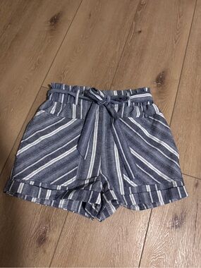 High-Rise Blue Striped Paperbag Waist Shorts with Self-Tie Belt